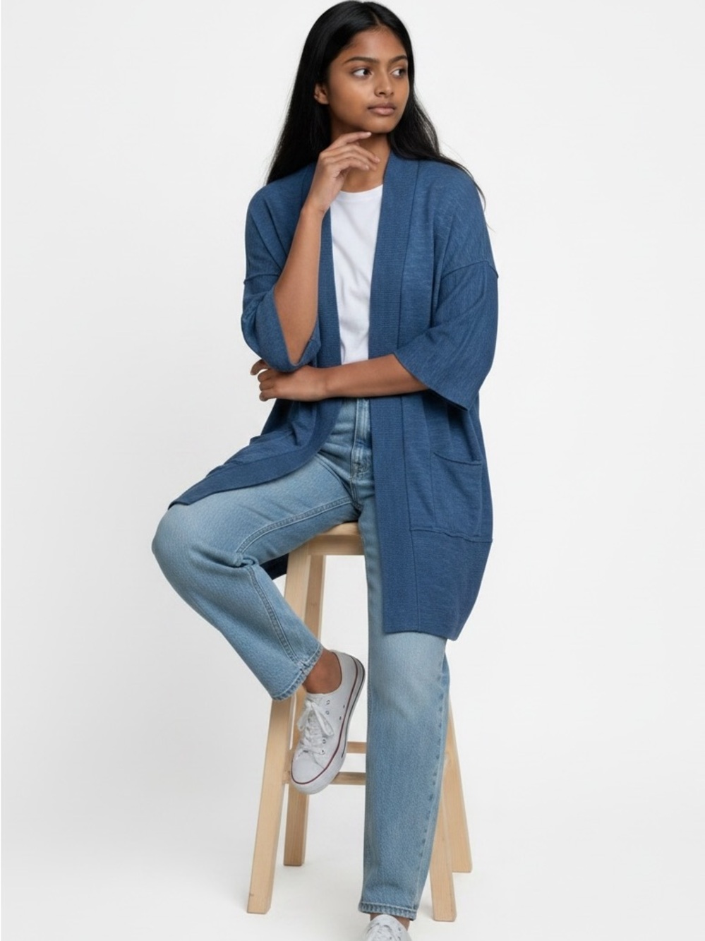 Eileen Fisher Navy Open-Front Knit Organic Linen/Cotton Blend Cardigan